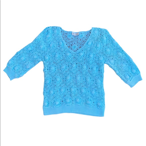 Vintage Kyouko Design Studio Open Knit 3/4 Sleeve Sweater Baby Blue - Picture 7 of 7